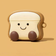 3″ Smiley Face Toast Bread AirPods Case - Funny Silicone Cover - Khaki