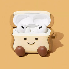 3″ Smiley Face Toast Bread AirPods Case - Funny Silicone Cover - Khaki