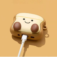 3″ Smiley Face Toast Bread AirPods Case - Funny Silicone Cover - Khaki