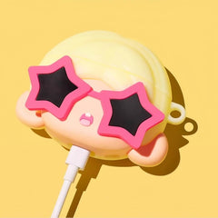 5" Yellow Silicone AirPods Case - Girl with Star-Shaped Glasses Design