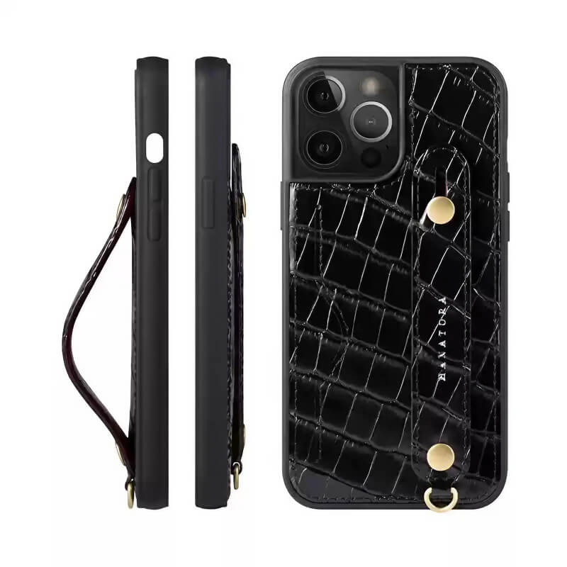 6.7″ iPhone 16 Pro Max Leather Wallet Case with Phone Grip Black