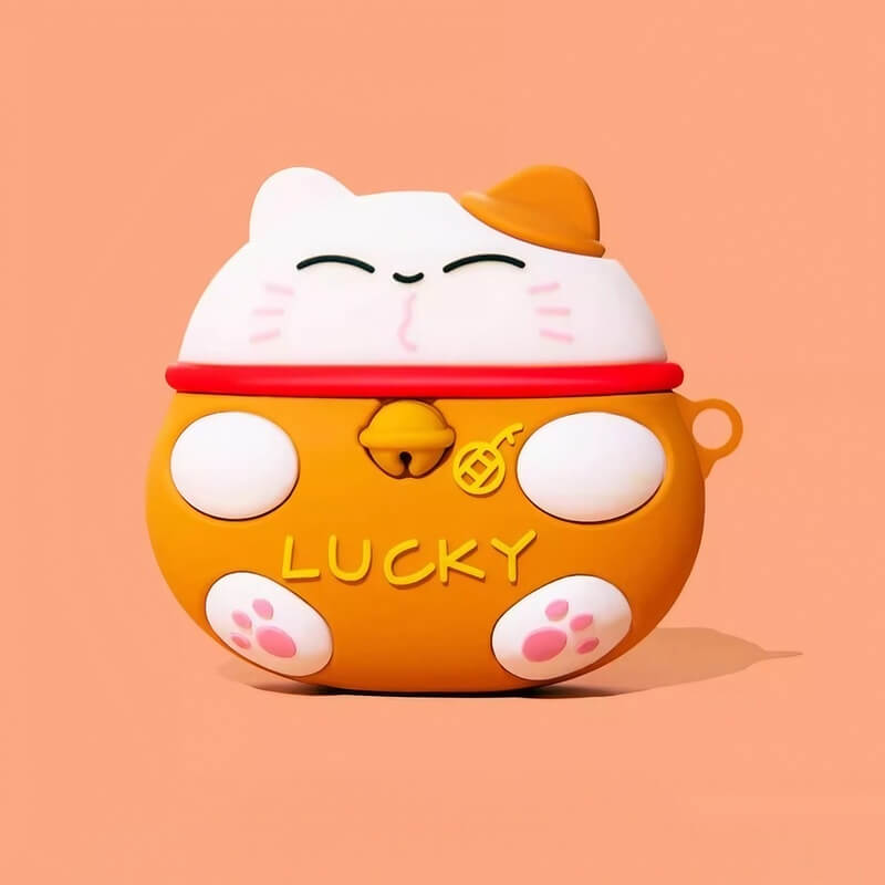 Cute Funny 3″ Yellow Silicone AirPods Case - Maneki Neko Lucky Cat