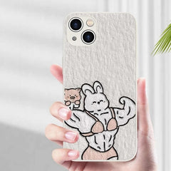 Funny Muscle Rabbit Tempered Glass iPhone Case for iPhone 16 Pro Max - White