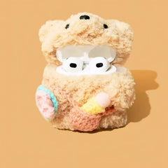 Ice Cream Cute Bear Theme - Khaki Plush AirPods Case