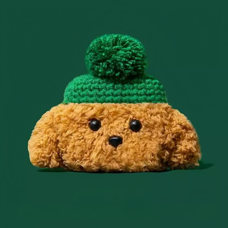Plush AirPods Case - 16" Cute Green Hat Dog Brown