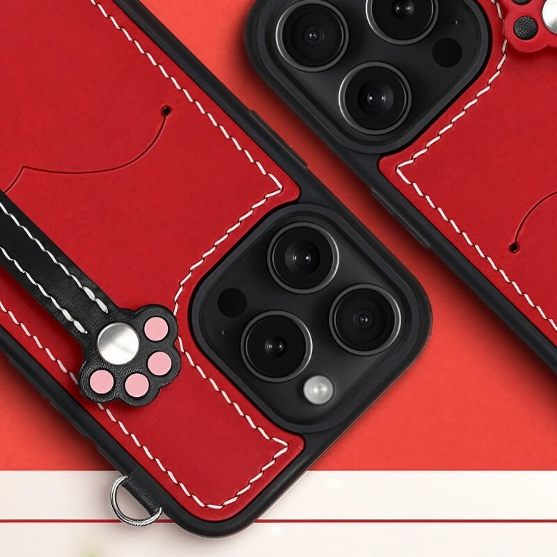 Real Leather iPhone 15 Pro Max Case - Blue + Red with Adorable Feline Paws, Wallet, Phone Grip Real Leather iPhone 15 Pro Max Case - Blue + Red with Adorable Feline Paws, Wallet, Phone Grip