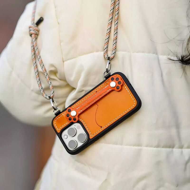 Real Leather iPhone 15 Pro Max Case - Blue + Red with Adorable Feline Paws, Wallet, Phone Grip Real Leather iPhone 15 Pro Max Case - Blue + Red with Adorable Feline Paws, Wallet, Phone Grip