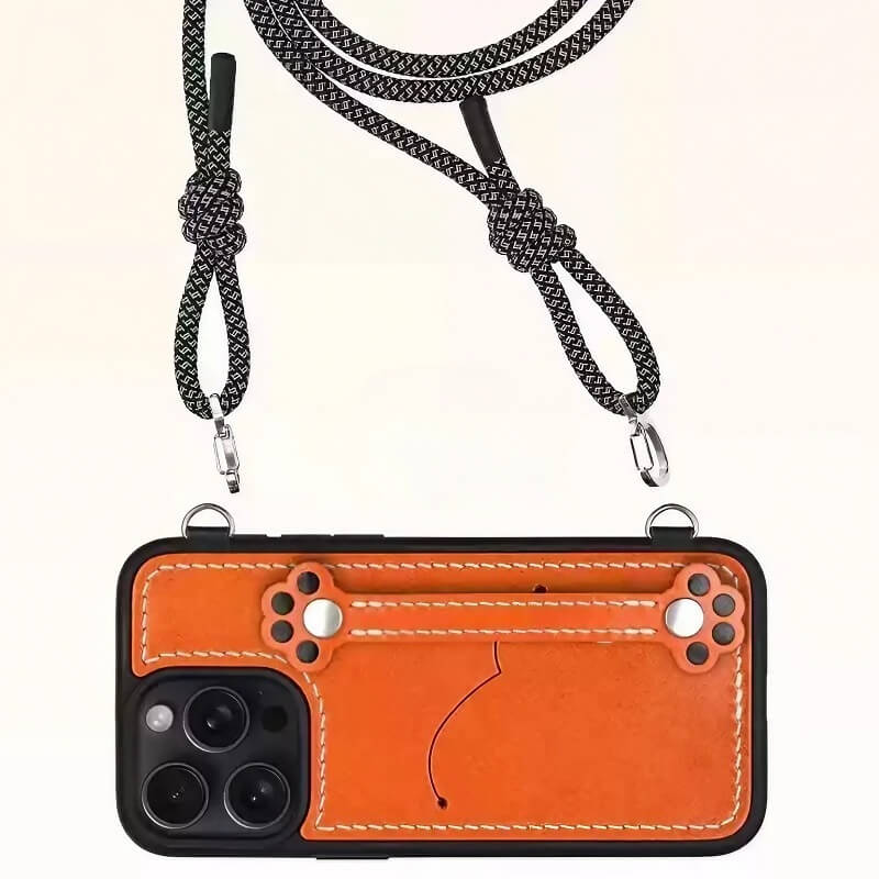 Real Leather iPhone 15 Pro Max Case - Blue + Red with Adorable Feline Paws, Wallet, Phone Grip Real Leather iPhone 15 Pro Max Case - Blue + Red with Adorable Feline Paws, Wallet, Phone Grip