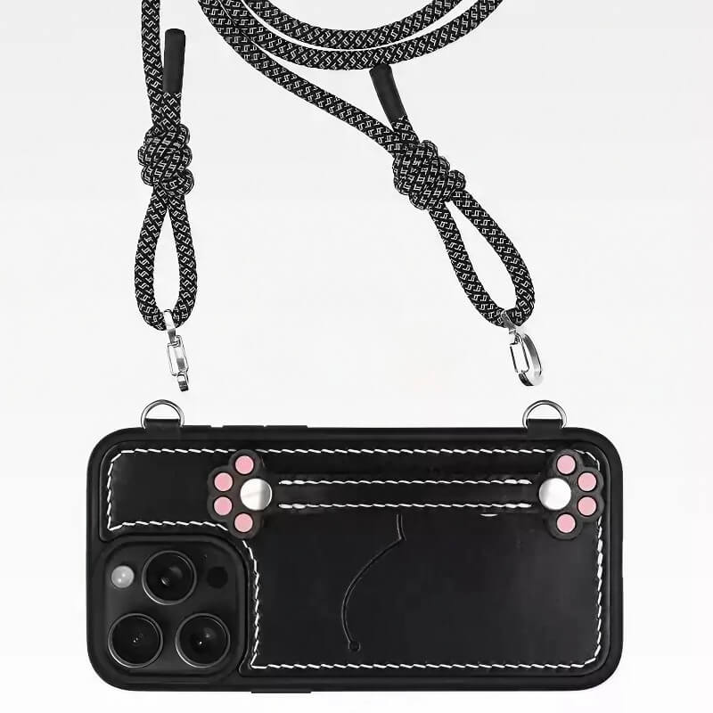 Real Leather iPhone 15 Pro Max Case - Blue + Red with Adorable Feline Paws, Wallet, Phone Grip Real Leather iPhone 15 Pro Max Case - Blue + Red with Adorable Feline Paws, Wallet, Phone Grip