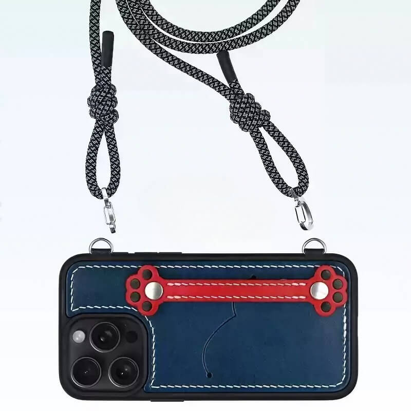 Real Leather iPhone 15 Pro Max Case - Blue + Red with Adorable Feline Paws, Wallet, Phone Grip Real Leather iPhone 15 Pro Max Case - Blue + Red with Adorable Feline Paws, Wallet, Phone Grip