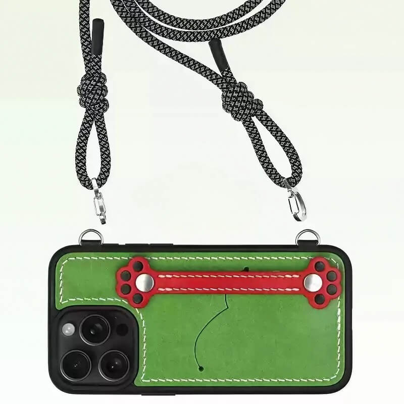 Real Leather iPhone 15 Pro Max Case - Blue + Red with Adorable Feline Paws, Wallet, Phone Grip Real Leather iPhone 15 Pro Max Case - Blue + Red with Adorable Feline Paws, Wallet, Phone Grip