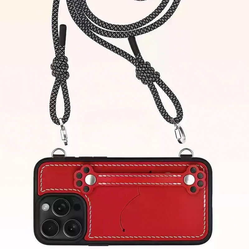 Real Leather iPhone 15 Pro Max Case - Blue + Red with Adorable Feline Paws, Wallet, Phone Grip Real Leather iPhone 15 Pro Max Case - Blue + Red with Adorable Feline Paws, Wallet, Phone Grip