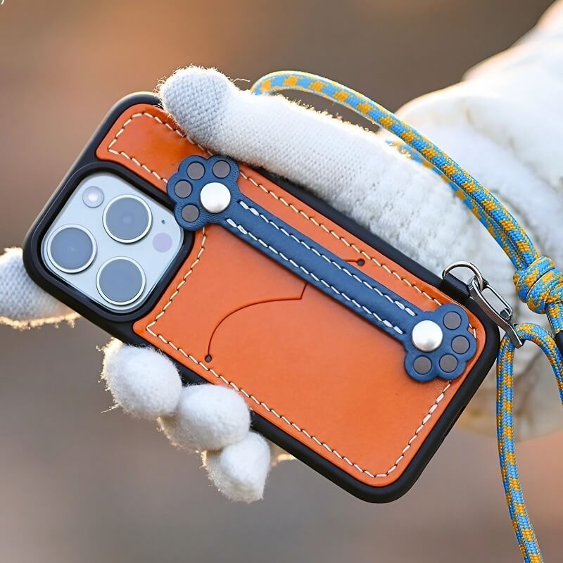 Real Leather iPhone 15 Pro Max Case - Blue + Red with Adorable Feline Paws, Wallet, Phone Grip Real Leather iPhone 15 Pro Max Case - Blue + Red with Adorable Feline Paws, Wallet, Phone Grip