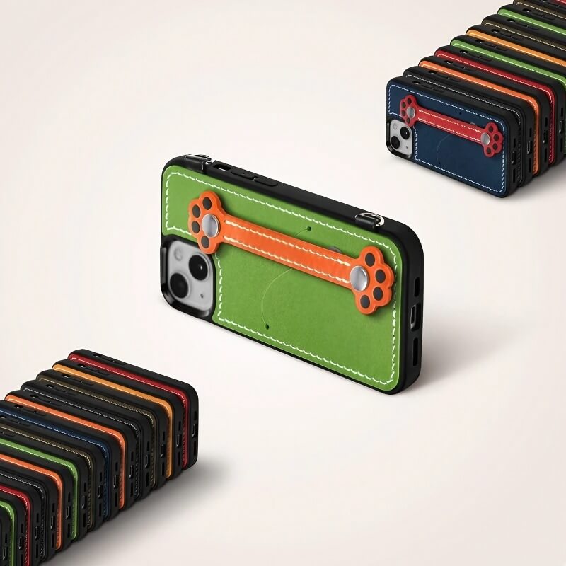 Real Leather iPhone 15 Pro Max Case - Blue + Red with Adorable Feline Paws, Wallet, Phone Grip Real Leather iPhone 15 Pro Max Case - Blue + Red with Adorable Feline Paws, Wallet, Phone Grip