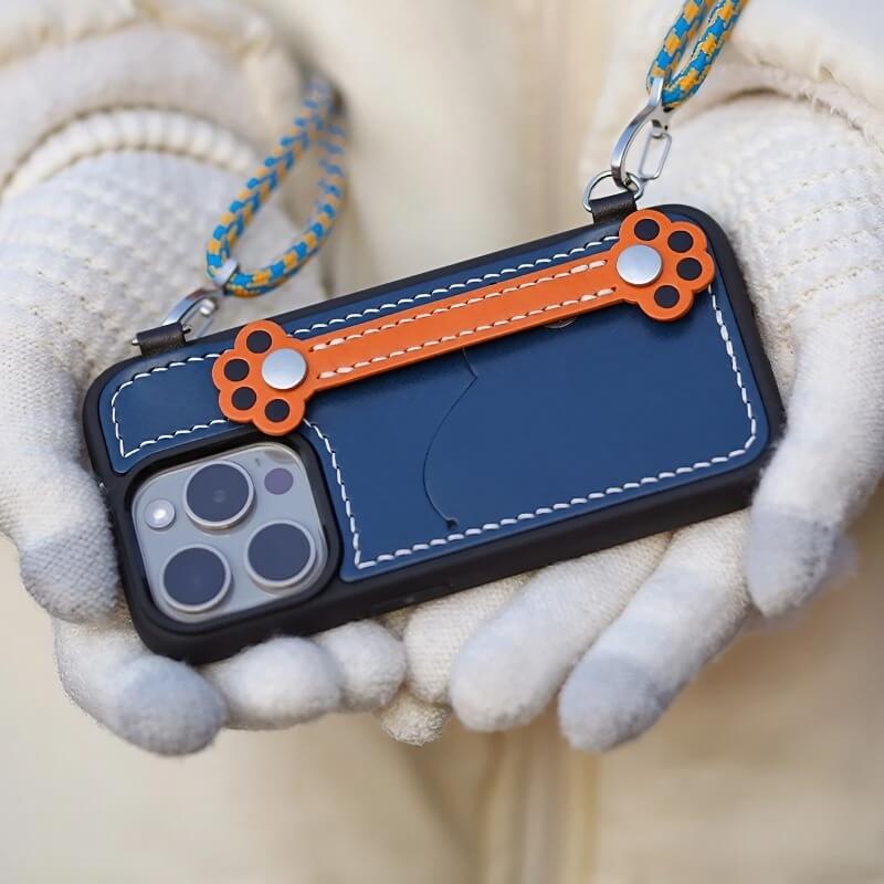 Real Leather iPhone 15 Pro Max Case - Blue + Red with Adorable Feline Paws, Wallet, Phone Grip Real Leather iPhone 15 Pro Max Case - Blue + Red with Adorable Feline Paws, Wallet, Phone Grip