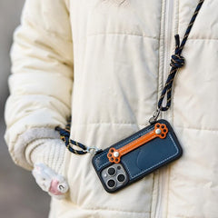 Real Leather iPhone 15 Pro Max Case - Blue + Red with Adorable Feline Paws, Wallet, Phone Grip