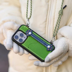 Real Leather iPhone 15 Pro Max Case - Blue + Red with Adorable Feline Paws, Wallet, Phone Grip