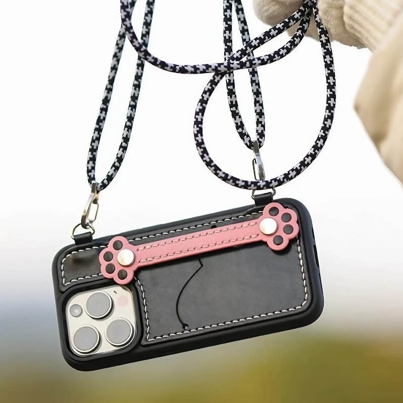 Real Leather iPhone 15 Pro Max Case - Blue + Red with Adorable Feline Paws, Wallet, Phone Grip Real Leather iPhone 15 Pro Max Case - Blue + Red with Adorable Feline Paws, Wallet, Phone Grip