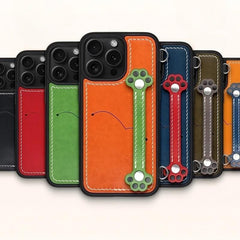 Real Leather iPhone 15 Pro Max Case - Blue + Red with Adorable Feline Paws, Wallet, Phone Grip