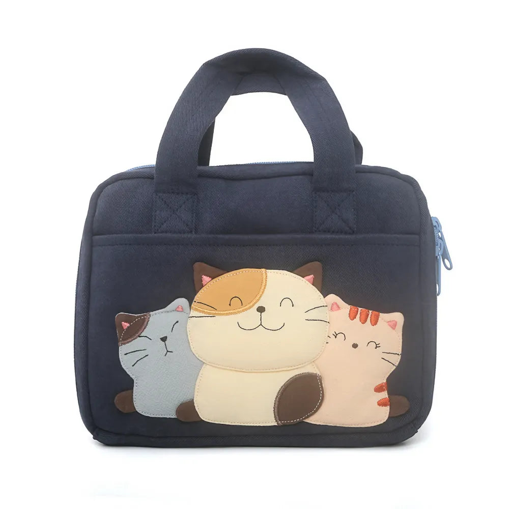 Cute Cotton Cat-themed Kawaii Handbag Casual and Phone Bag - Deep Blue