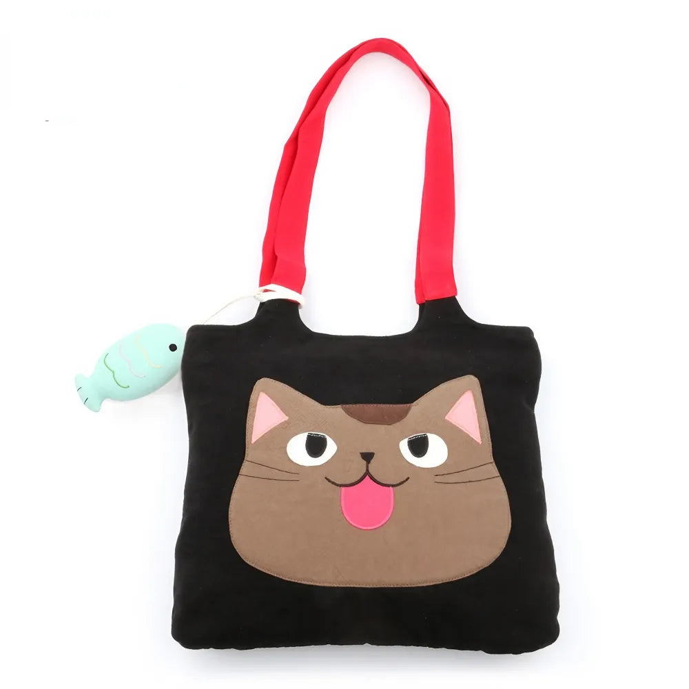 Cute Black Canvas Cat Theme Kawaii Shoulder Bag Casual Carryall for Cat Lovers
