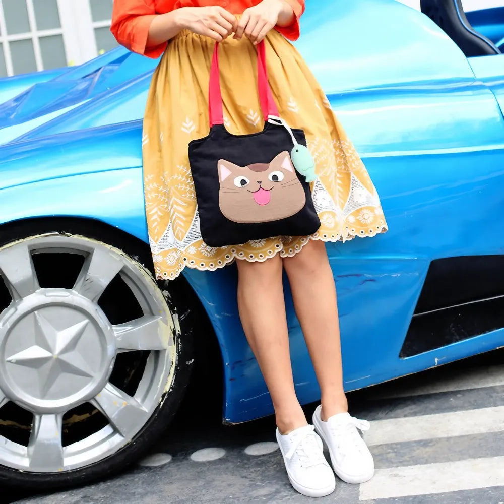 Cute Black Canvas Cat Theme Kawaii Shoulder Bag Casual Carryall for Cat Lovers Cute Black Canvas Cat Theme Kawaii Shoulder Bag Casual Carryall for Cat Lovers