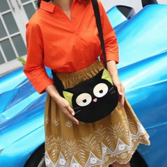 Kawaii Black Canvas Cat-themed Cute Crossbody Bag Casual and Minimalistic Style