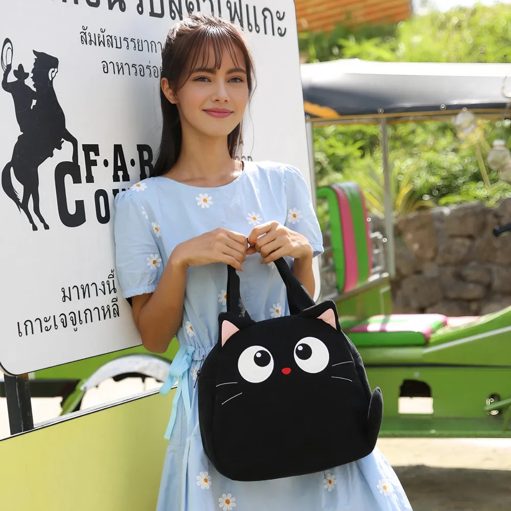 Cute Black Cat-themed Cotton Kawaii Tote Bag Casual and Minimalistic Design Cute Black Cat-themed Cotton Kawaii Tote Bag Casual and Minimalistic Design
