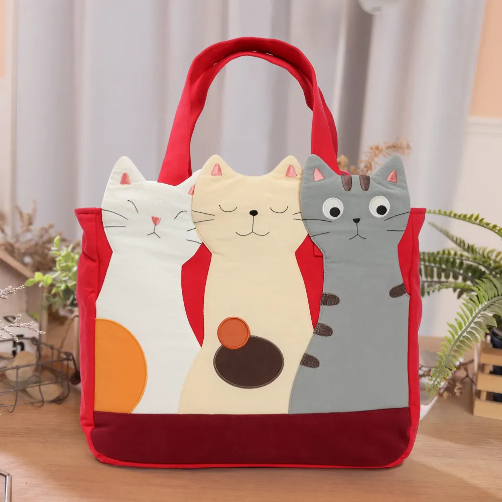 Kawaii Red Cotton Cat Trio Casual Cute Handbag Perfect for Cat Lovers Kawaii Red Cotton Cat Trio Casual Cute Handbag Perfect for Cat Lovers