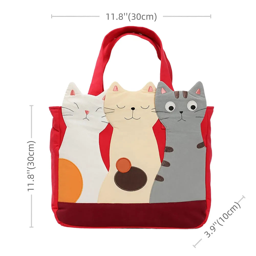 Kawaii Red Cotton Cat Trio Casual Cute Handbag Perfect for Cat Lovers Kawaii Red Cotton Cat Trio Casual Cute Handbag Perfect for Cat Lovers