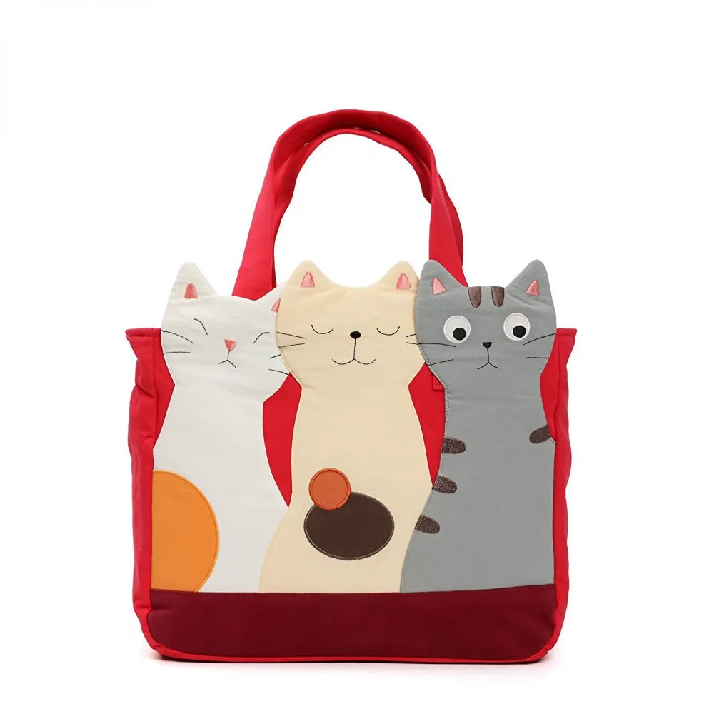 Kawaii Red Cotton Cat Trio Casual Cute Handbag Perfect for Cat Lovers