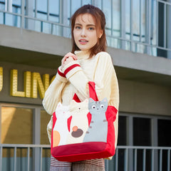 Kawaii Red Cotton Cat Trio Casual Cute Handbag Perfect for Cat Lovers