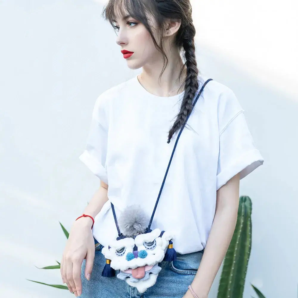 Kawaii Blue Cotton Cute Crossbody Bag Mini Casual Bag with Lion Dance Theme - Handmade Kawaii Blue Cotton Cute Crossbody Bag Mini Casual Bag with Lion Dance Theme - Handmade