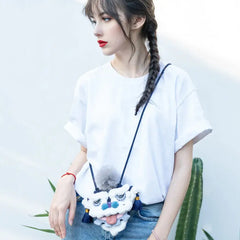 Kawaii Blue Cotton Cute Crossbody Bag Mini Casual Bag with Lion Dance Theme - Handmade