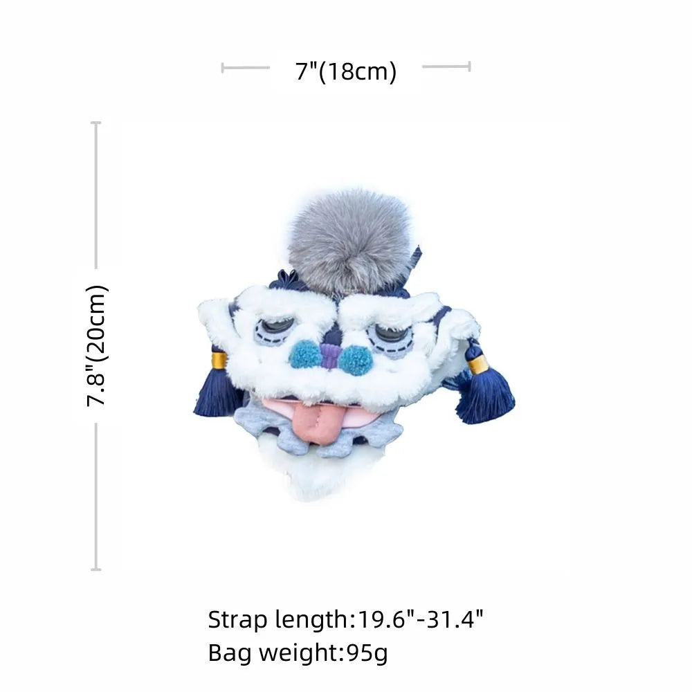 Kawaii Blue Cotton Cute Crossbody Bag Mini Casual Bag with Lion Dance Theme - Handmade Kawaii Blue Cotton Cute Crossbody Bag Mini Casual Bag with Lion Dance Theme - Handmade