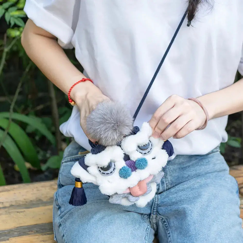 Kawaii Blue Cotton Cute Crossbody Bag Mini Casual Bag with Lion Dance Theme - Handmade Kawaii Blue Cotton Cute Crossbody Bag Mini Casual Bag with Lion Dance Theme - Handmade