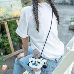 Kawaii Blue Cotton Cute Crossbody Bag Mini Casual Bag with Lion Dance Theme - Handmade