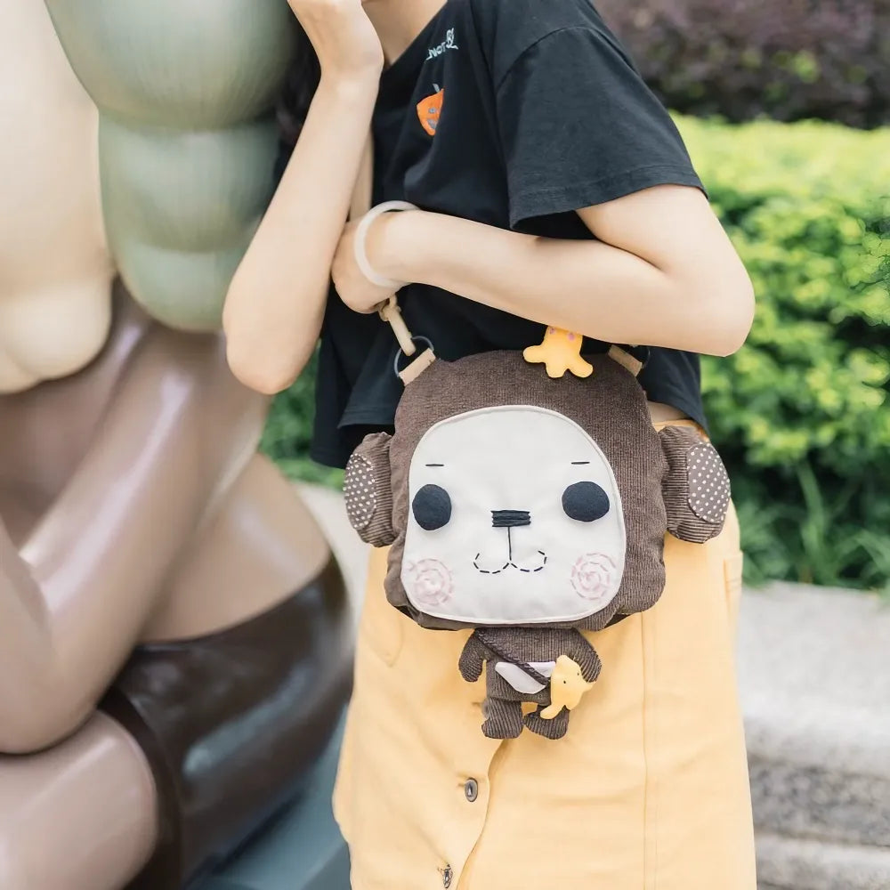 Kawaii Brown Corduroy Cute Crossbody Mini Bag with Monkey Design Casual and Fun - Handmade Kawaii Brown Corduroy Cute Crossbody Mini Bag with Monkey Design Casual and Fun - Handmade