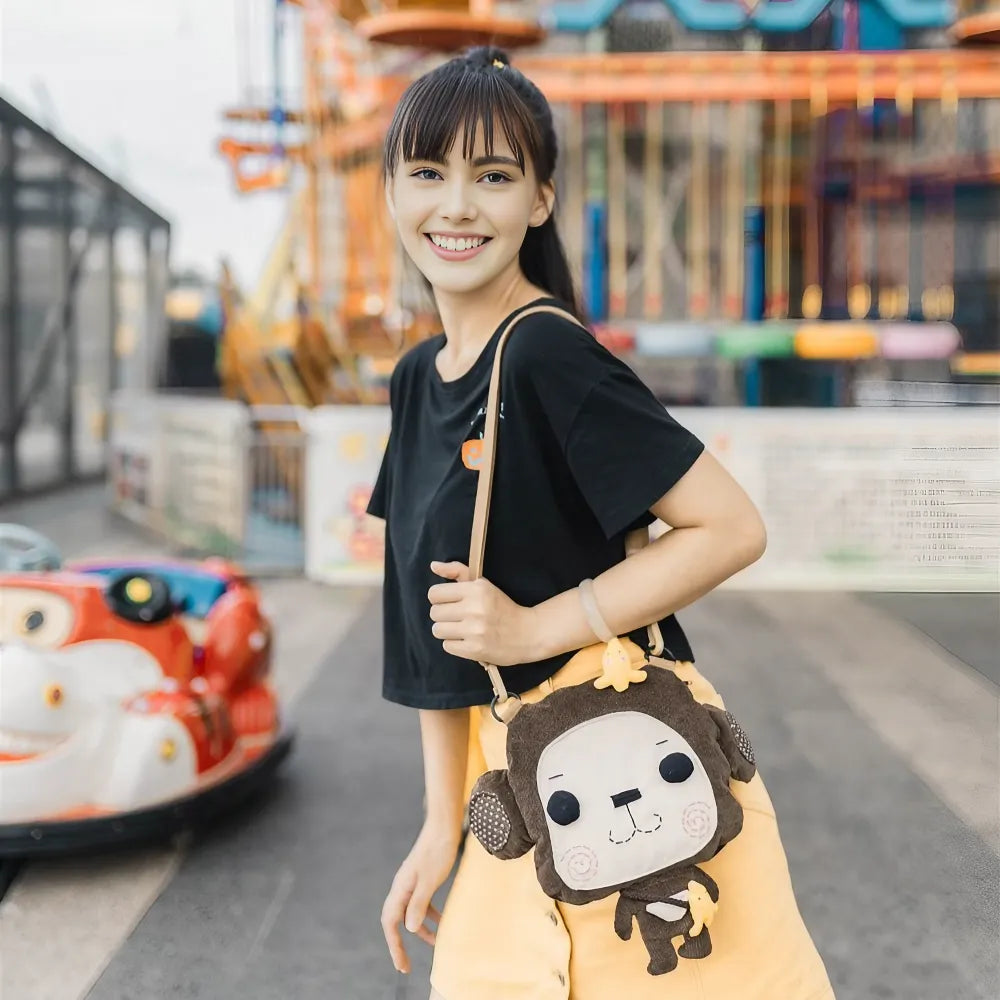 Kawaii Brown Corduroy Cute Crossbody Mini Bag with Monkey Design Casual and Fun - Handmade Kawaii Brown Corduroy Cute Crossbody Mini Bag with Monkey Design Casual and Fun - Handmade