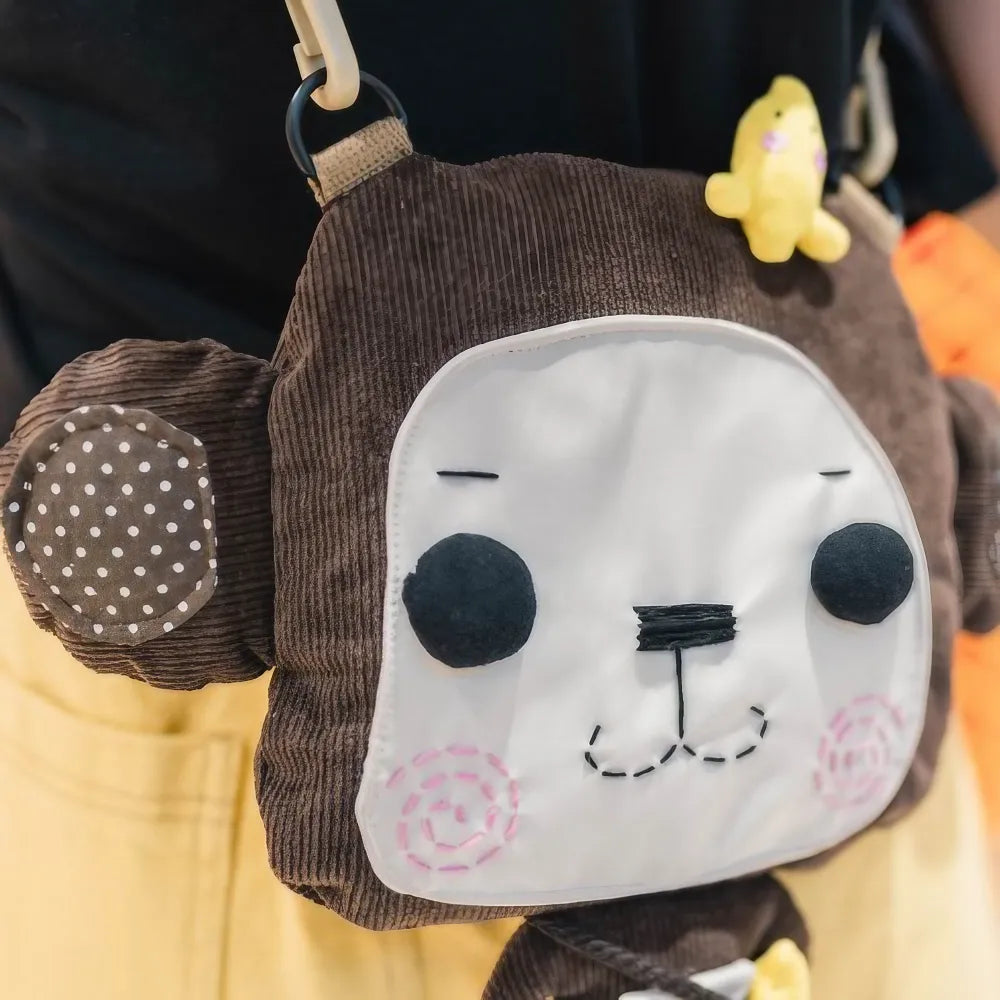 Kawaii Brown Corduroy Cute Crossbody Mini Bag with Monkey Design Casual and Fun - Handmade Kawaii Brown Corduroy Cute Crossbody Mini Bag with Monkey Design Casual and Fun - Handmade