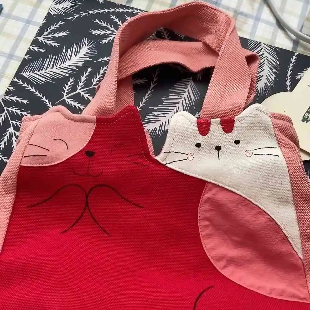 Kawaii Cartoon Cat Theme Black and White Cotton Cute Handbag Casual and Compact Kawaii Cartoon Cat Theme Black and White Cotton Cute Handbag Casual and Compact