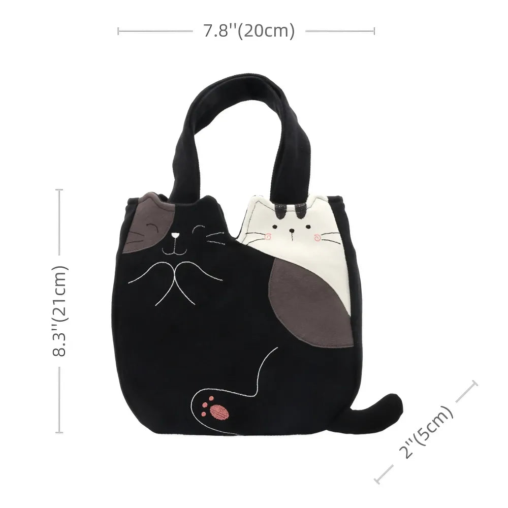 Kawaii Cartoon Cat Theme Black and White Cotton Cute Handbag Casual and Compact Kawaii Cartoon Cat Theme Black and White Cotton Cute Handbag Casual and Compact