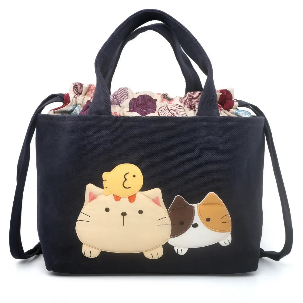 Kawaii Deep Blue Cat Themed Cotton Cute Tote Bag Perfect for Casual Outings