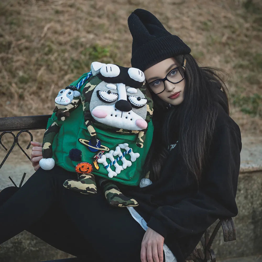 Kawaii Green Canvas Cute Handmade Backpack Perfect for Casual Use Featuring Husky Dog Design Kawaii Green Canvas Cute Handmade Backpack Perfect for Casual Use Featuring Husky Dog Design