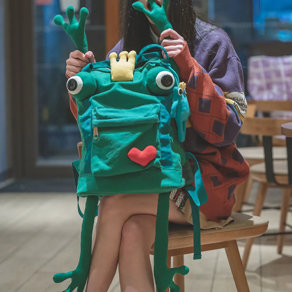 Handmade Cute Green Frog Canvas Kawaii Backpack Casual and Cute Handmade Cute Green Frog Canvas Kawaii Backpack Casual and Cute
