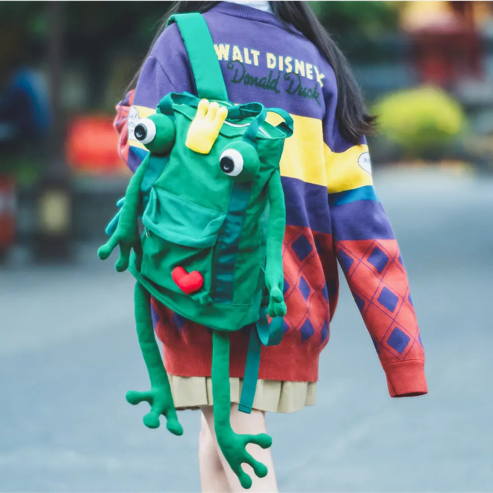 Handmade Cute Green Frog Canvas Kawaii Backpack Casual and Cute Handmade Cute Green Frog Canvas Kawaii Backpack Casual and Cute