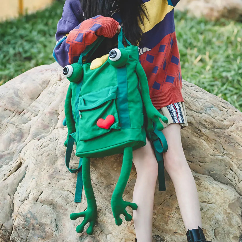 Handmade Cute Green Frog Canvas Kawaii Backpack Casual and Cute Handmade Cute Green Frog Canvas Kawaii Backpack Casual and Cute