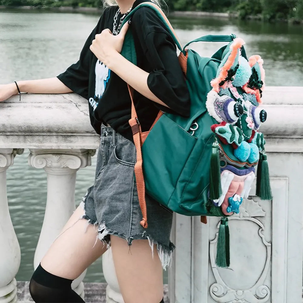 Kawaii Green Polyester Tiger Head Cute Backpack Casual and Laptop Bag - Handmade Kawaii Green Polyester Tiger Head Cute Backpack Casual and Laptop Bag - Handmade