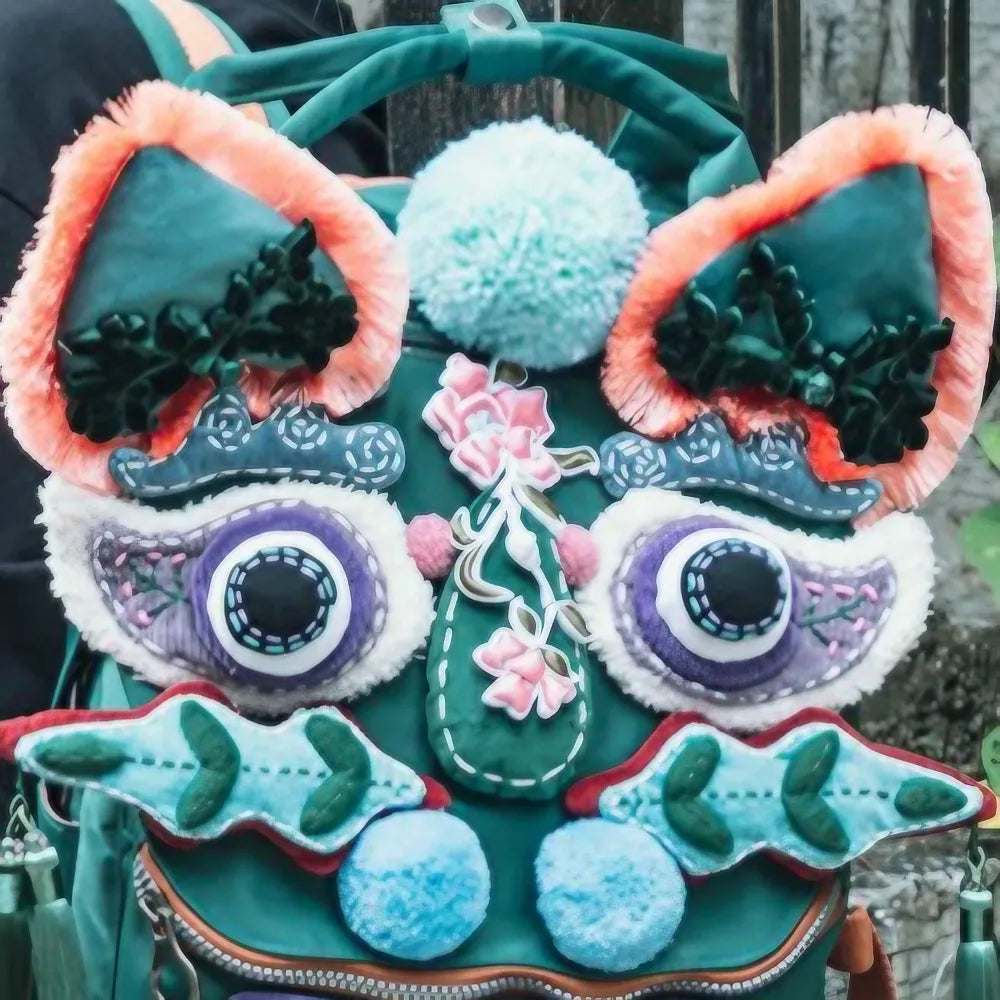 Kawaii Green Polyester Tiger Head Cute Backpack Casual and Laptop Bag - Handmade Kawaii Green Polyester Tiger Head Cute Backpack Casual and Laptop Bag - Handmade