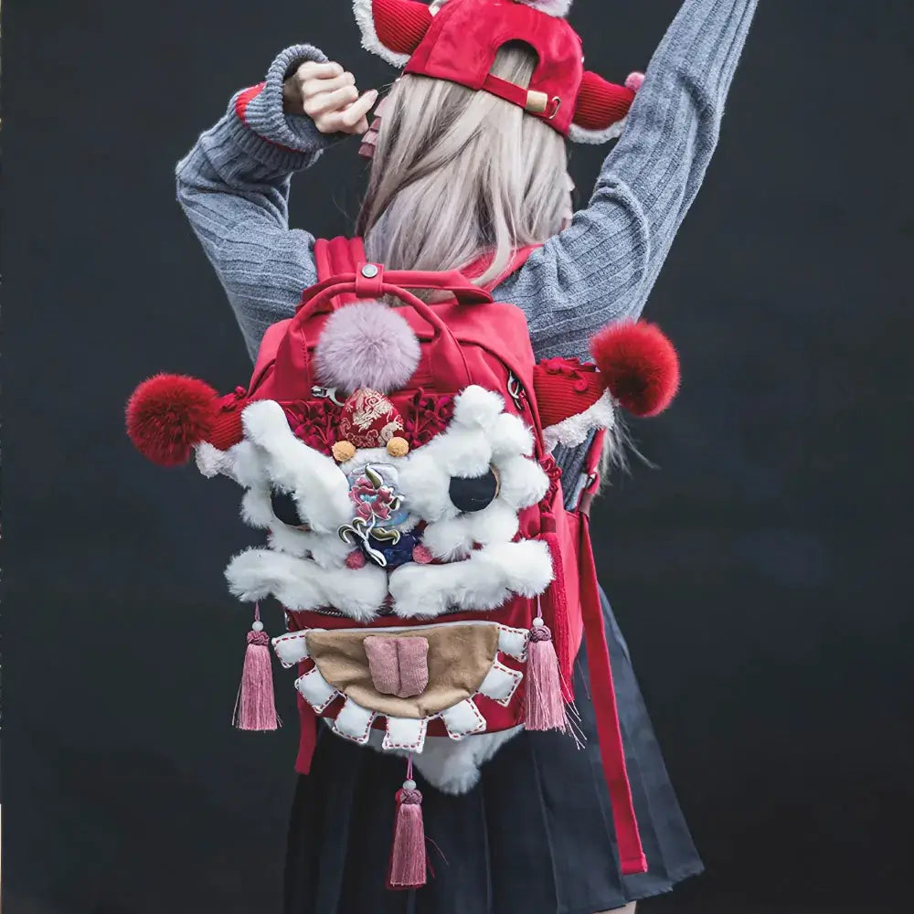 귀여운 사자 포효 레드 폴리에스터 카와이 핸드메이드 백팩 캐주얼 유니크하고 다용도 귀여운 사자 포효 레드 폴리에스터 카와이 핸드메이드 백팩 캐주얼 유니크하고 다용도